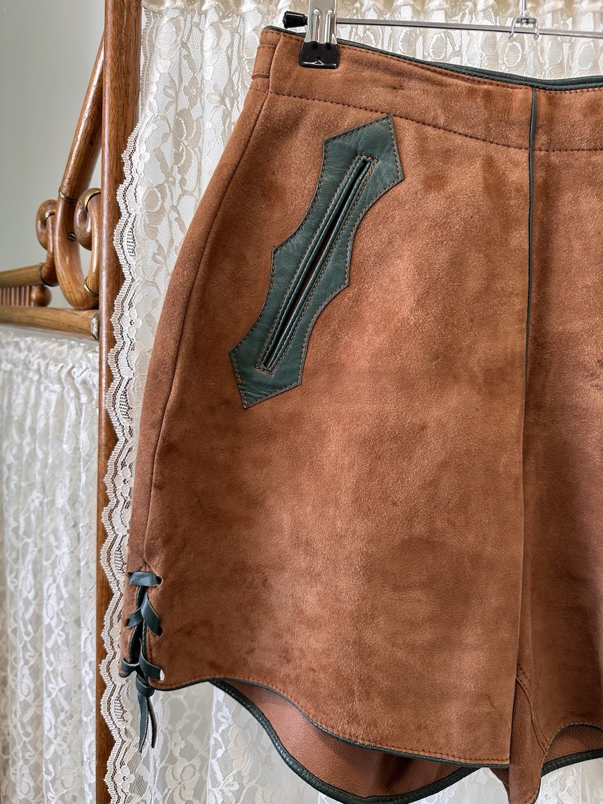 Vintage 1940s Leather Shorts Made In Germany Brown Green Side Buckles 25” Waist