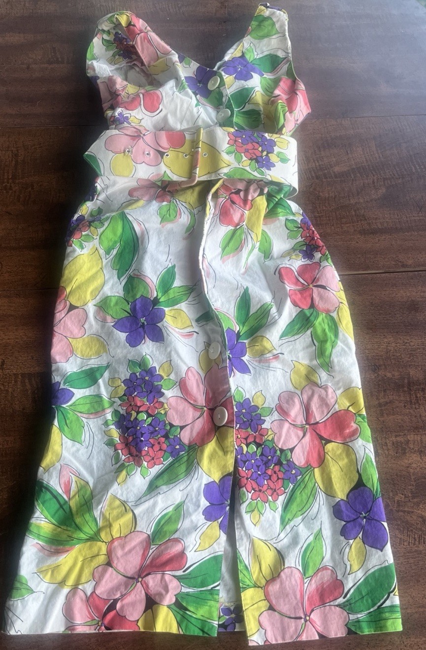 Vintage 90s Floral Cotton Midi Dress Belted Garden Party Cottagecore Sz 3/4