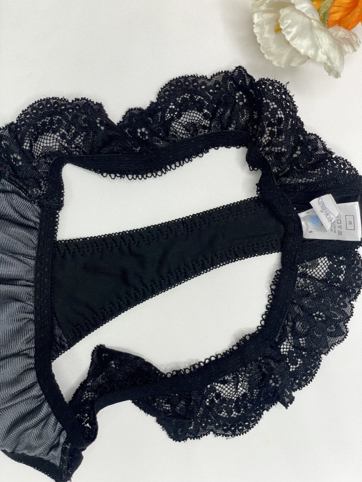 Vtg Deep Black Polyester Spandex String Panty Sz.5~6 Sheer Floral Lace Briefs
