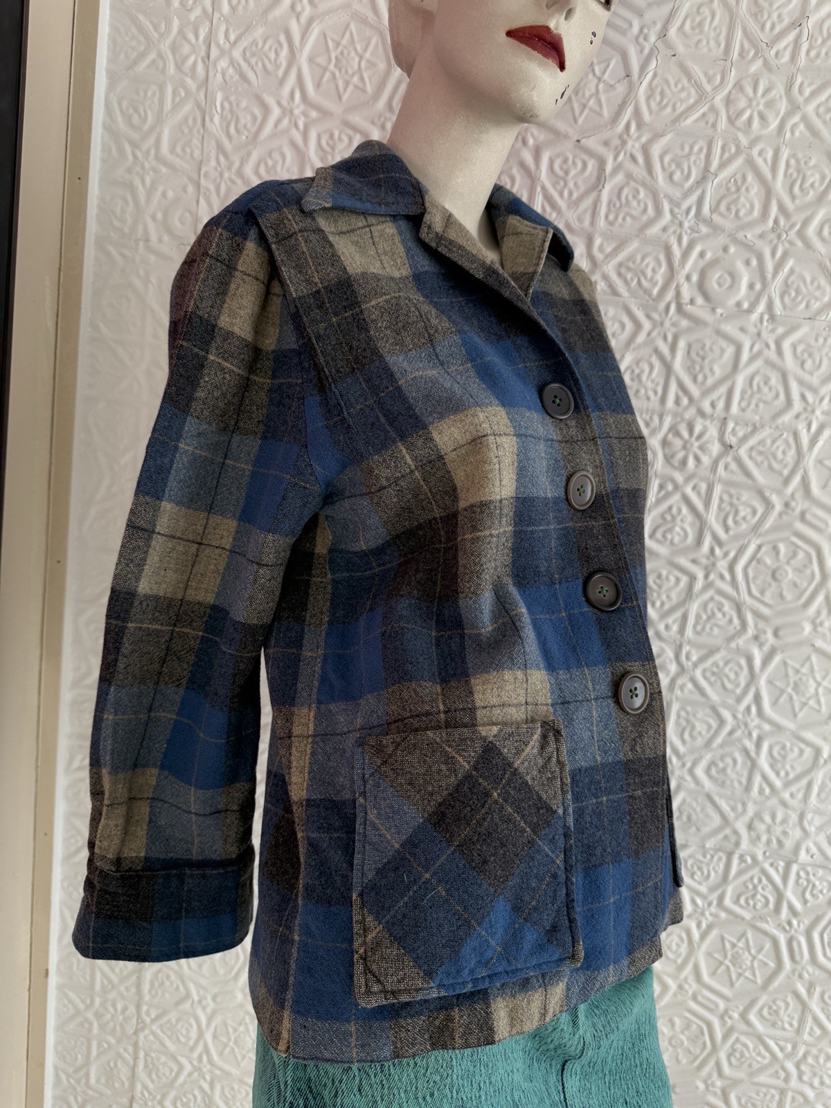 True Vintage 1950s/1940s era pendleton style 49er jacket blue grey plaid S/M