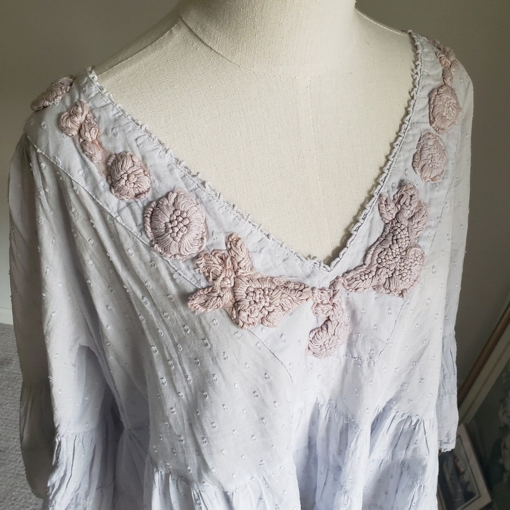 Antica Sartoria Baby Blue Peasant Blouse with Taupe Floral Embroidery One Size