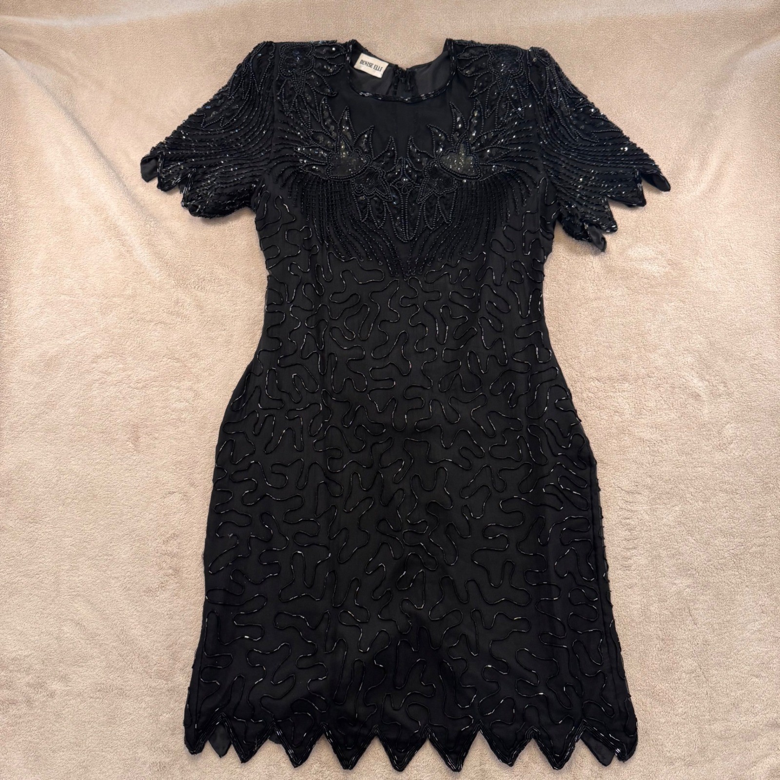 Vintage Gatsby Flapper Beaded Sequin Cocktail Party Dress Art Deco Black SZ M