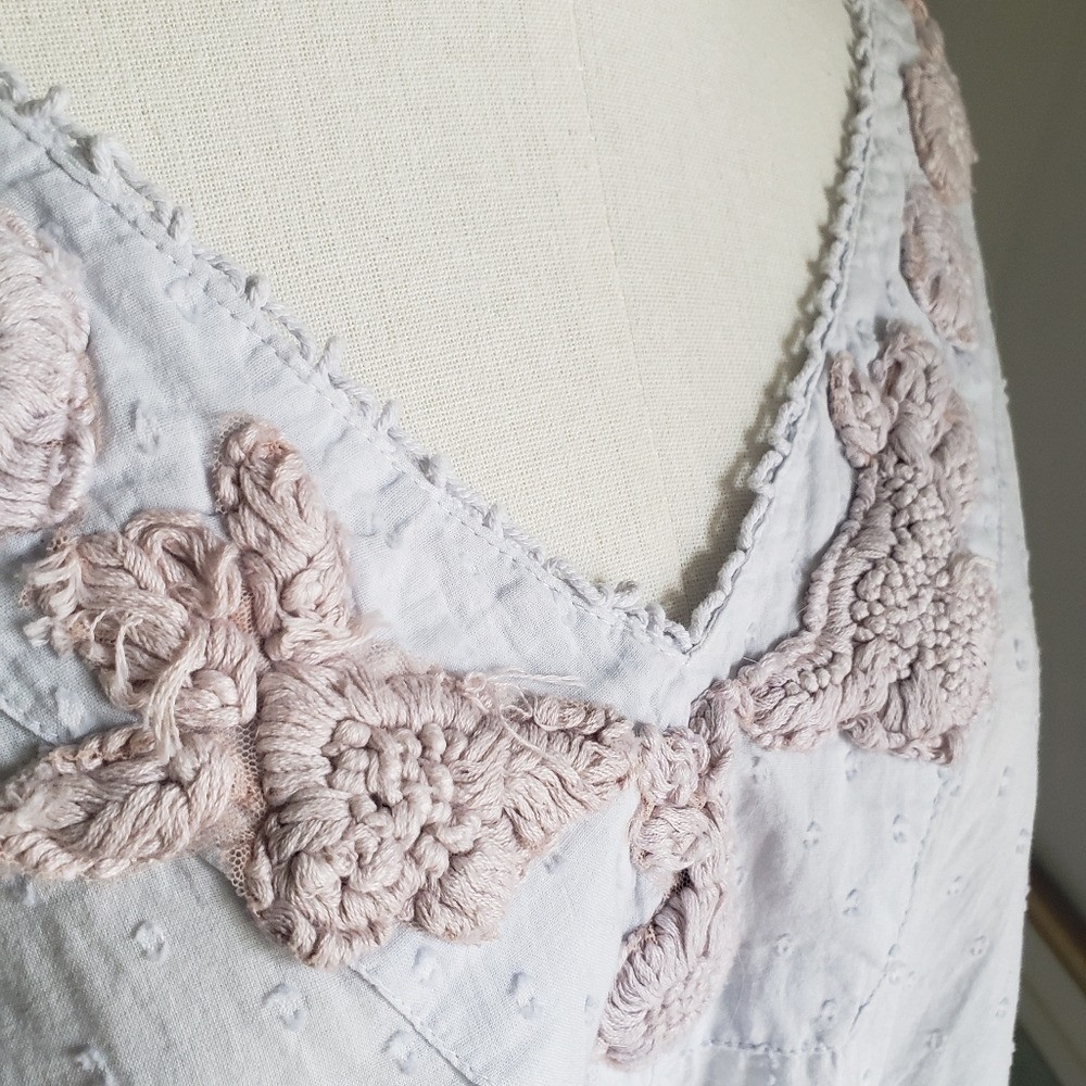 Antica Sartoria Baby Blue Peasant Blouse with Taupe Floral Embroidery One Size