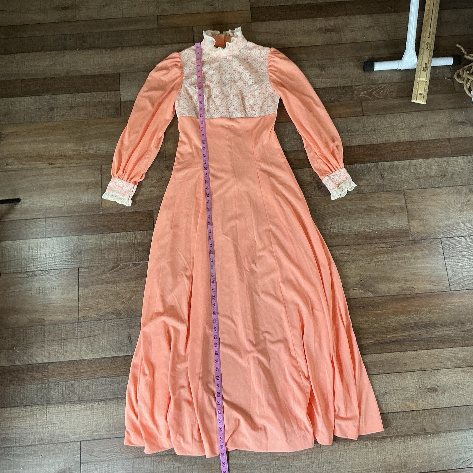 70s VINTAGE Peach Prairie Maxi Dress Women&rsquo;s S Lace High Neck Long Sleeve #41113