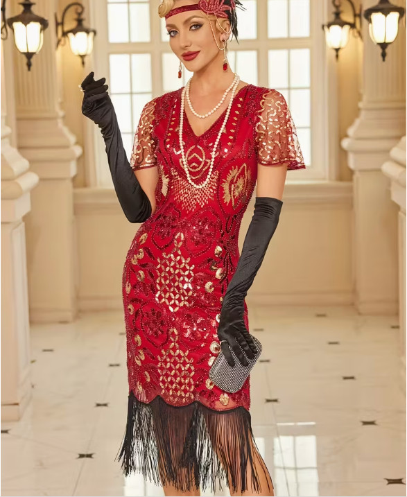 FLAPPER 1920s DRESS-1920s RED Sequin Gatsby Party Dress with Tassels 3 Sizes