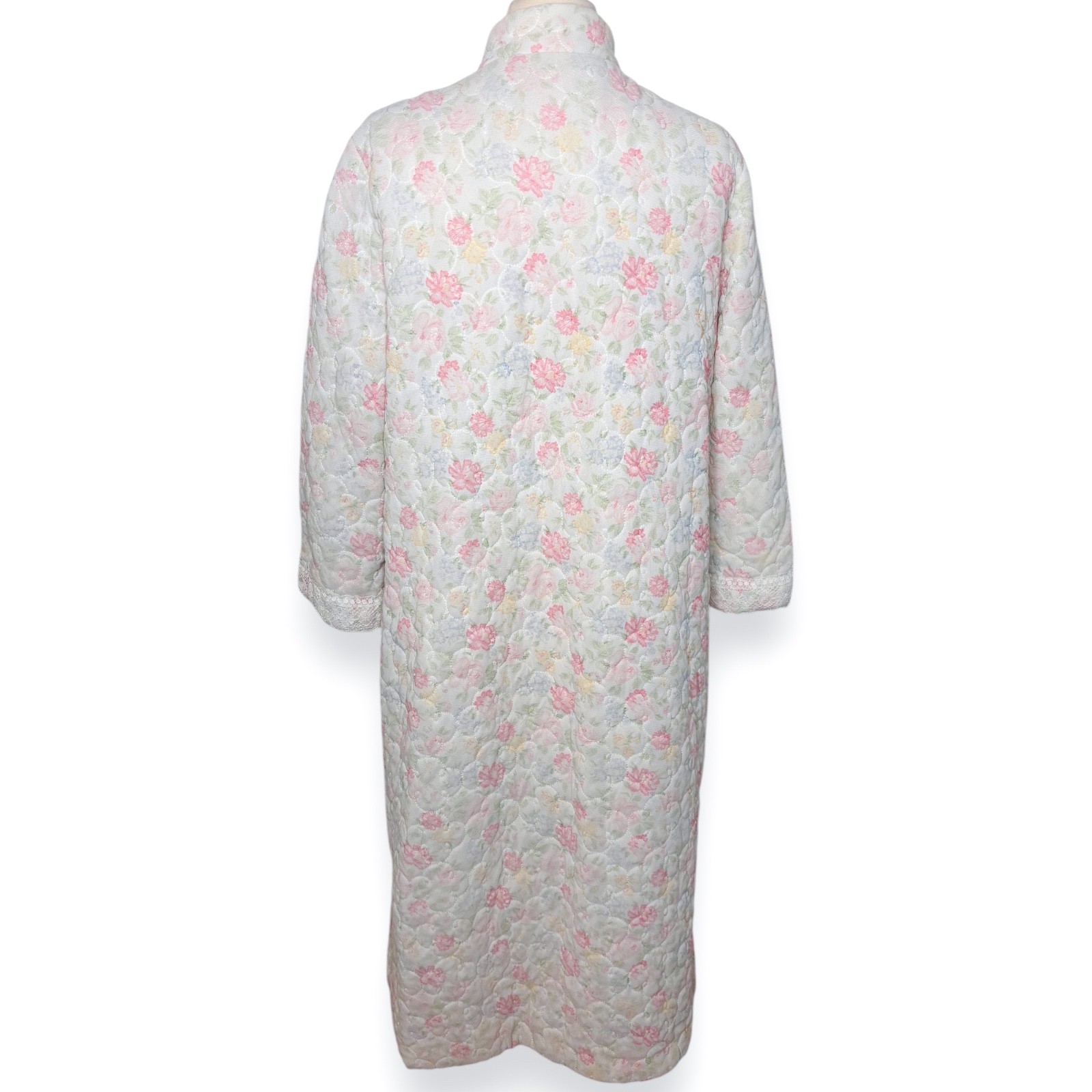 Vintage Sears At Home Wear Quilted Floral Button Front Ivory Pink Robe Housecoat