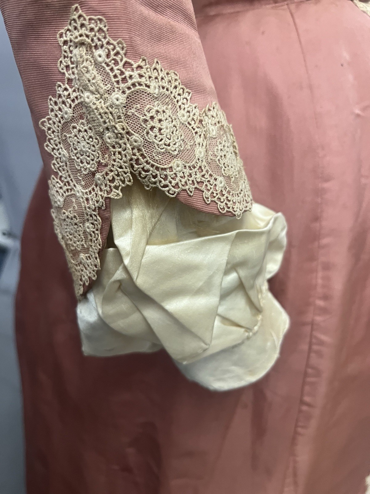 1890’s Peach Silk Faille & Lace Bustle Dinner Gown