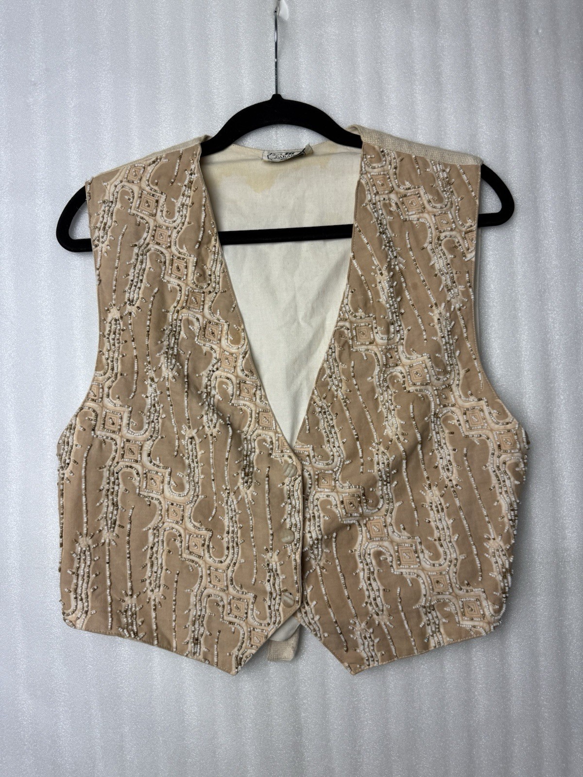 Vintage Boho Beaded Vest Size S (34in) Indonesian Batik Cotton Waistcoat Button