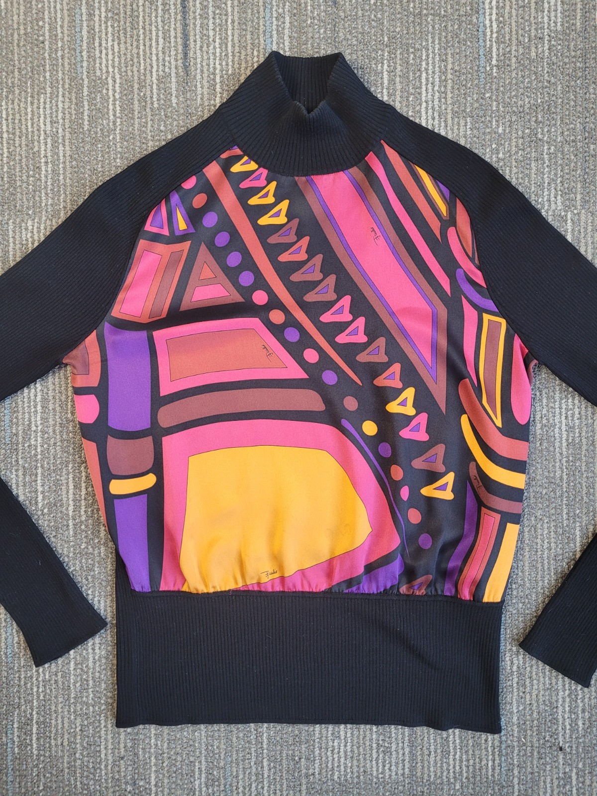 1990s Emilio Pucci bright geometric sweater blouse in silk and wool Sz S