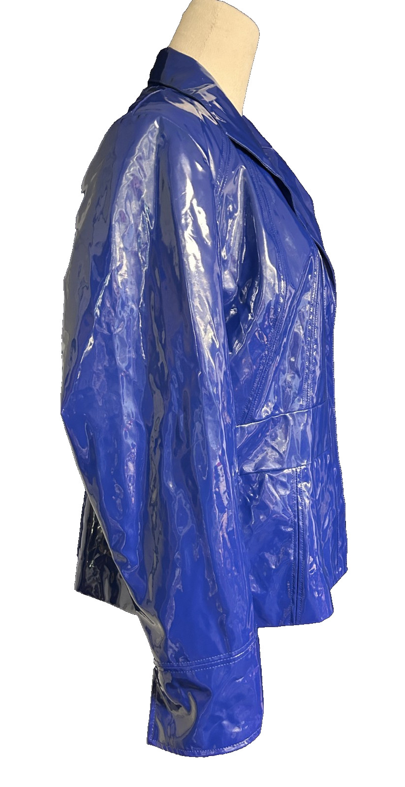 VTG 90s Does 60s Bright Blue Vinyl Mod Pamela McCoy Patent Rain Jacket Size L