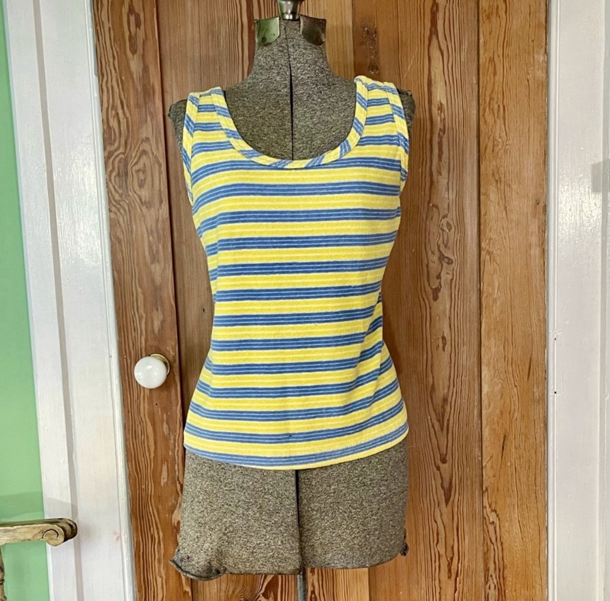 Vntg 70s Terrycloth Striped Tank Top Blue Yellow Retro Beachy Mod Tee Sz M💛🍄