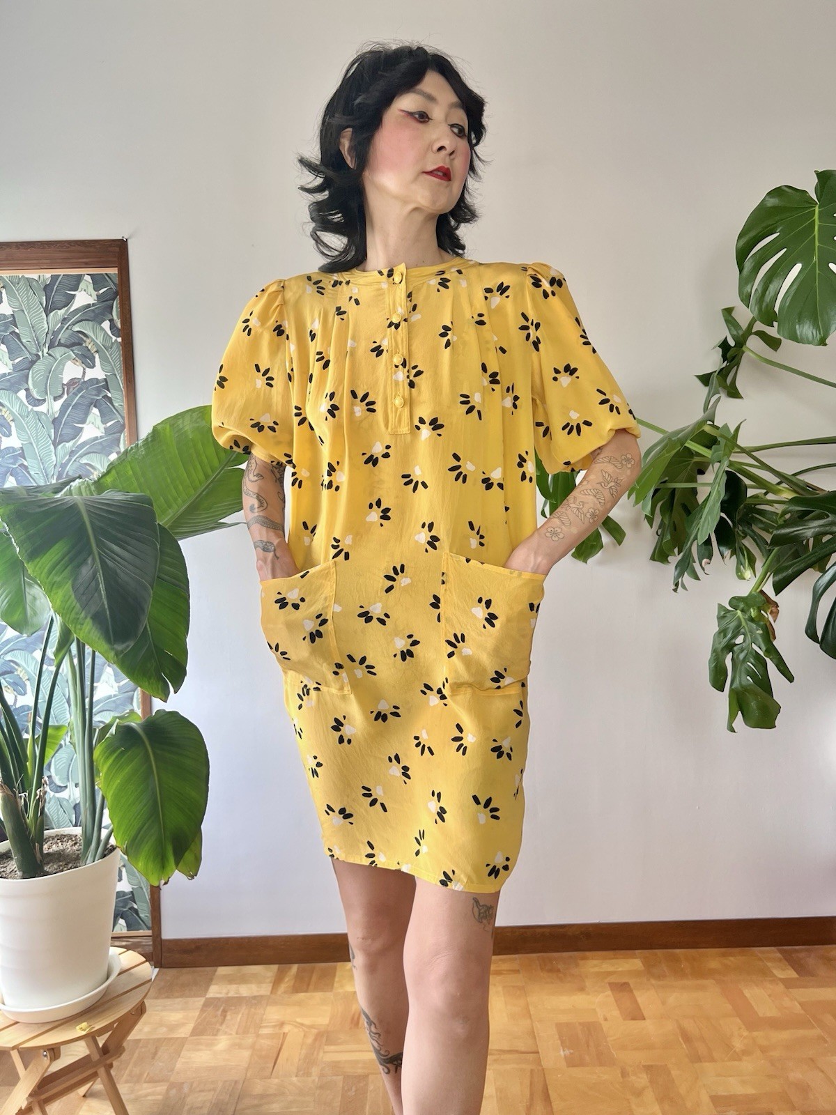 Vintage 80s Ungaro Solo Donna Italy Silk Puff Sleeve Mini Dress Yellow XS-M