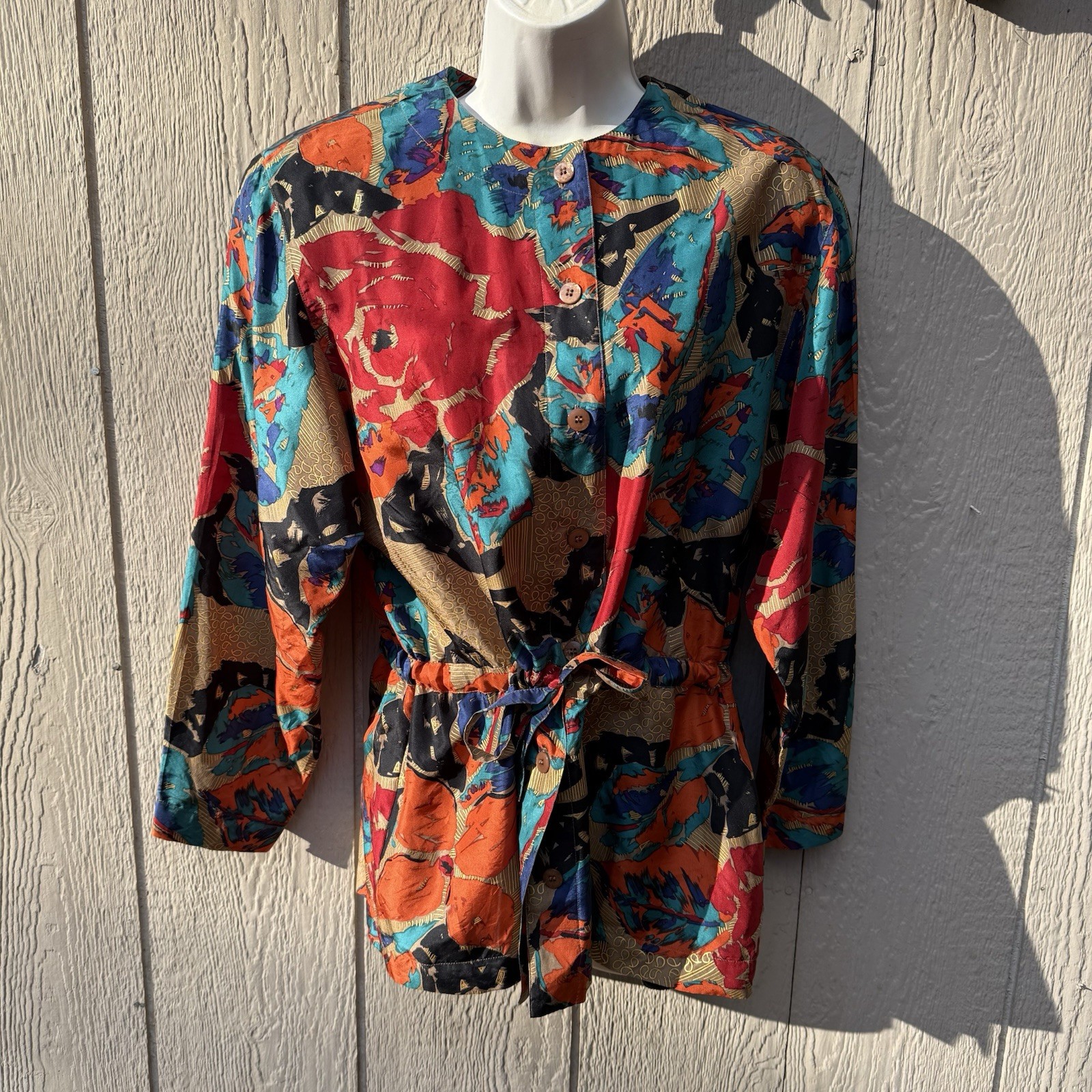 Vintage Rafaella Women’s 100% Silk Abstract Colorful Button-Up Blouse Pockets S