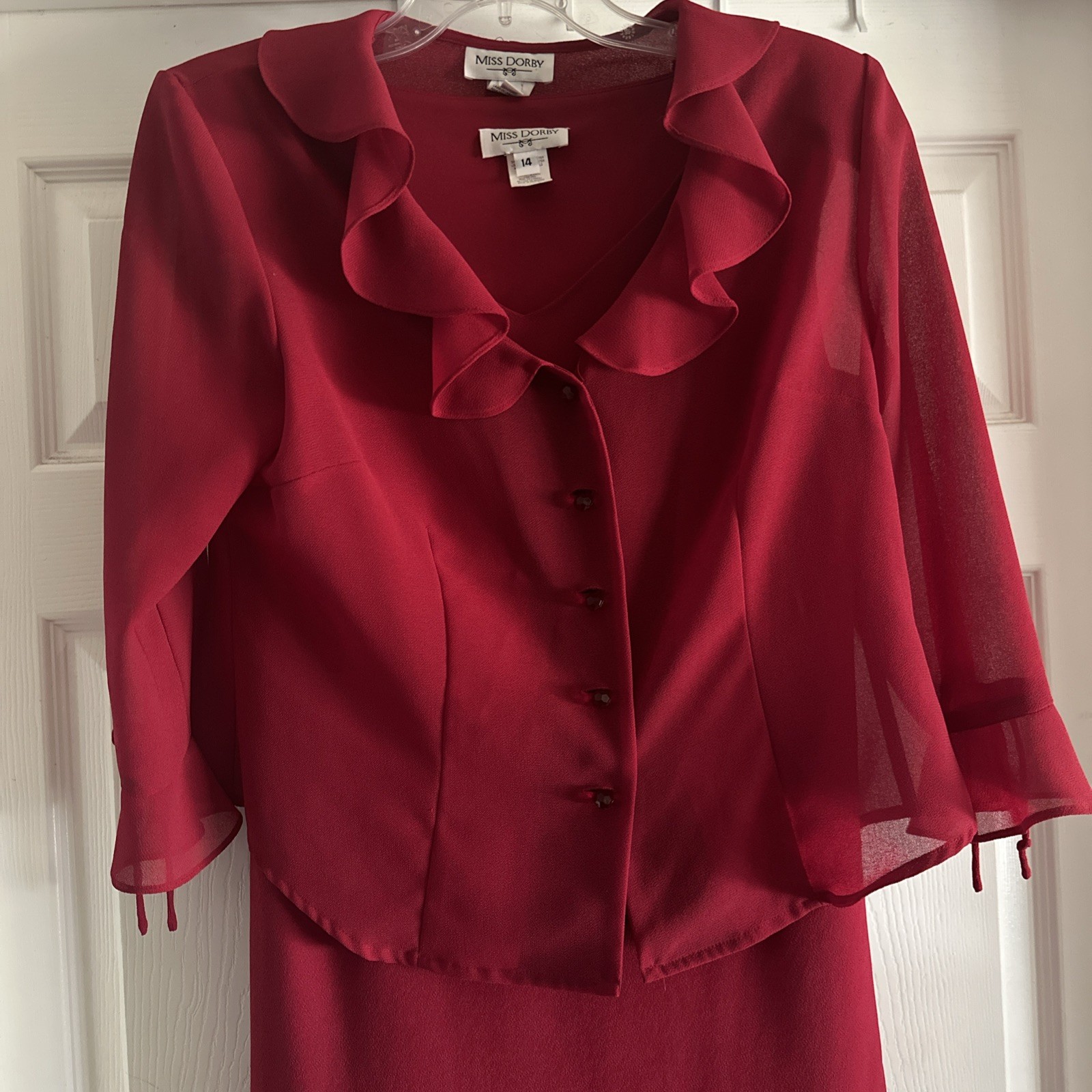 Women’s Vintage Miss Dorby Red 2 Pc Dress Jacket Ruffle Jeweled Buttons Size 14