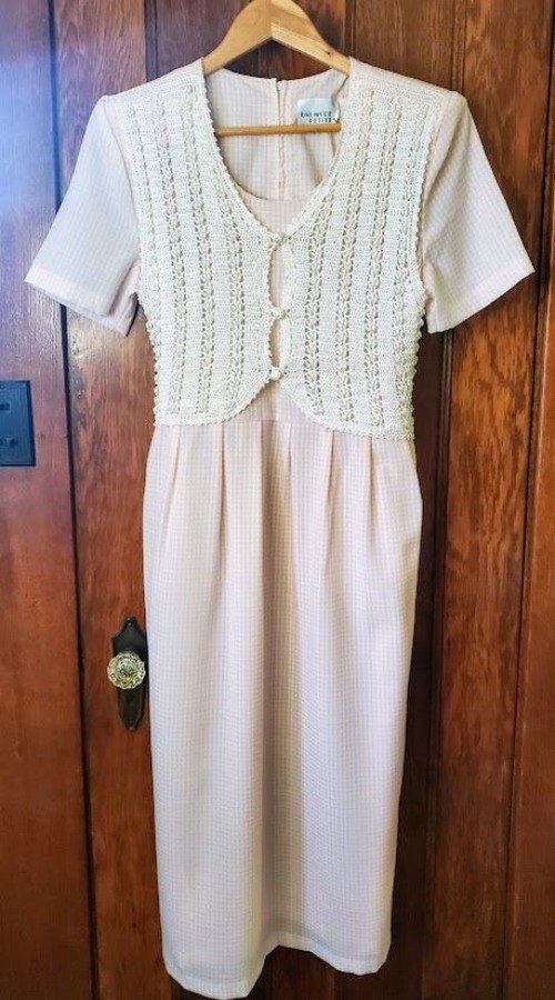 Halmode Petites Pink White Gingham Vintage Dress Crocheted Pearl Vest Overlay 6P