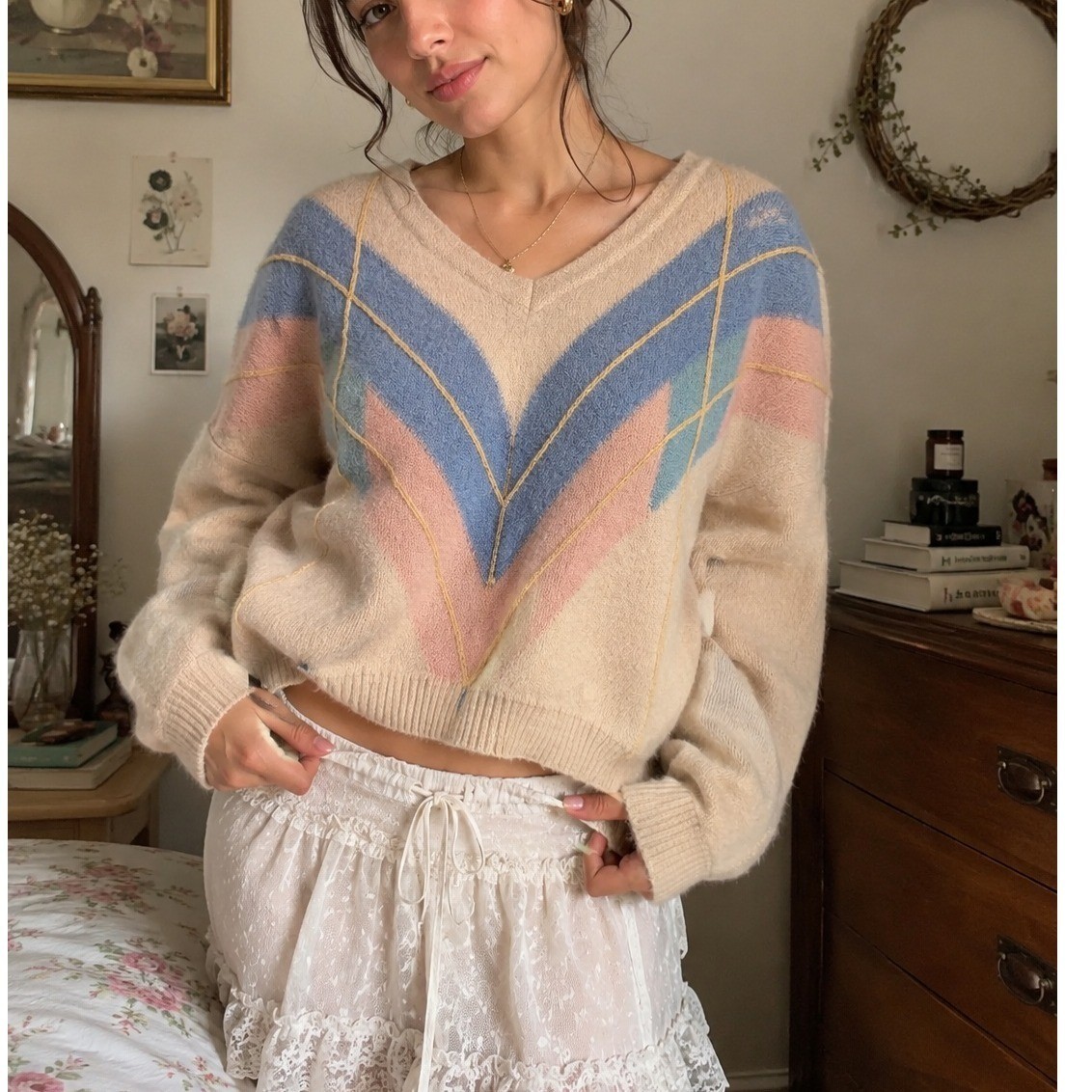Vintage Women&rsquo;s The Gentry 100% Alpaca Sweater V-Neck Pastel Geometric- S