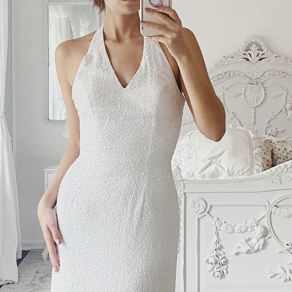 Vintage Alfred Angelo Sequin Halter Floor Length Wedding NYE Vegas Gown