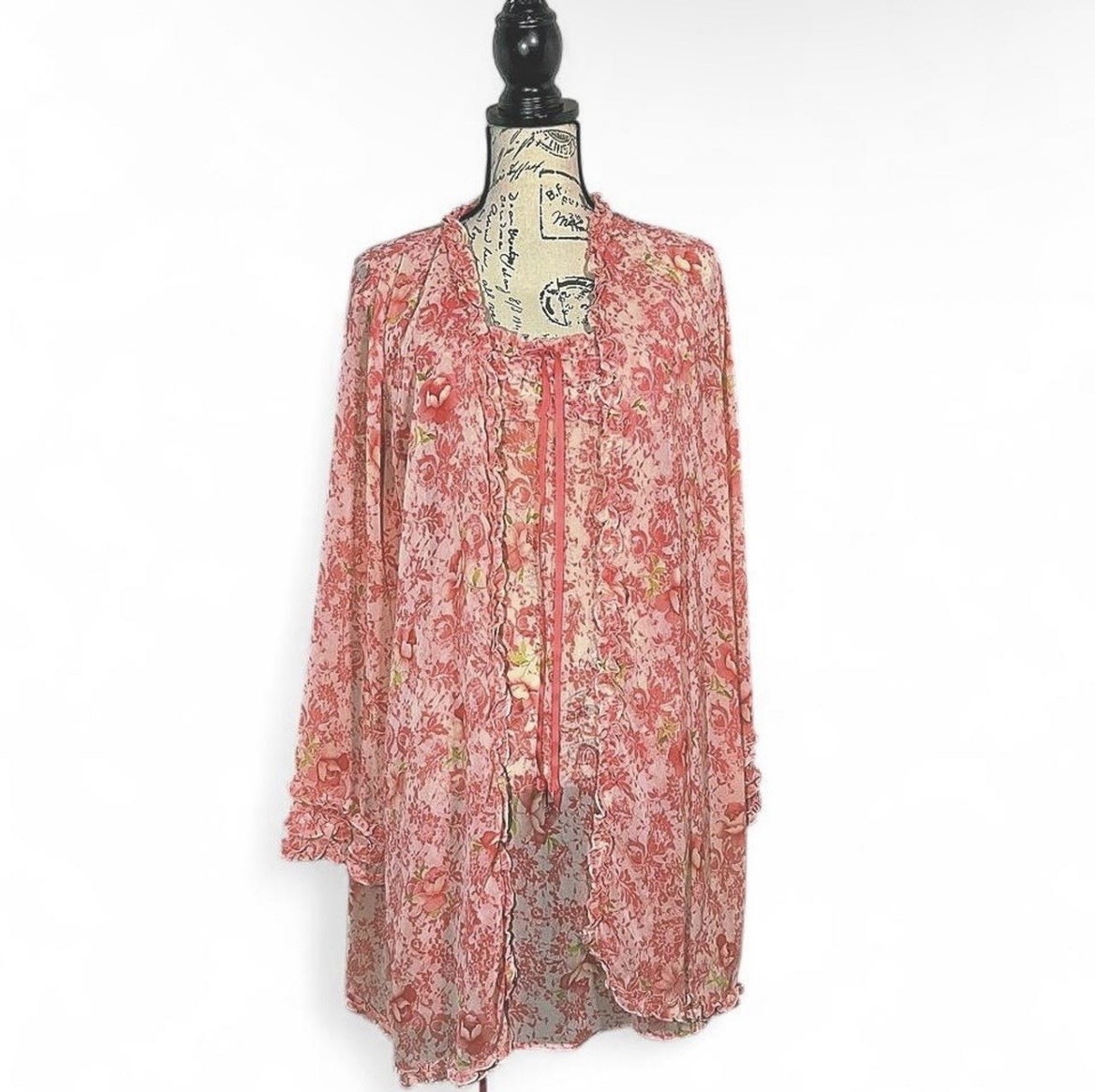 Vintage 80s Kim Rogers Sheer Floral Slip Robe Set L Ruffle Peignoir