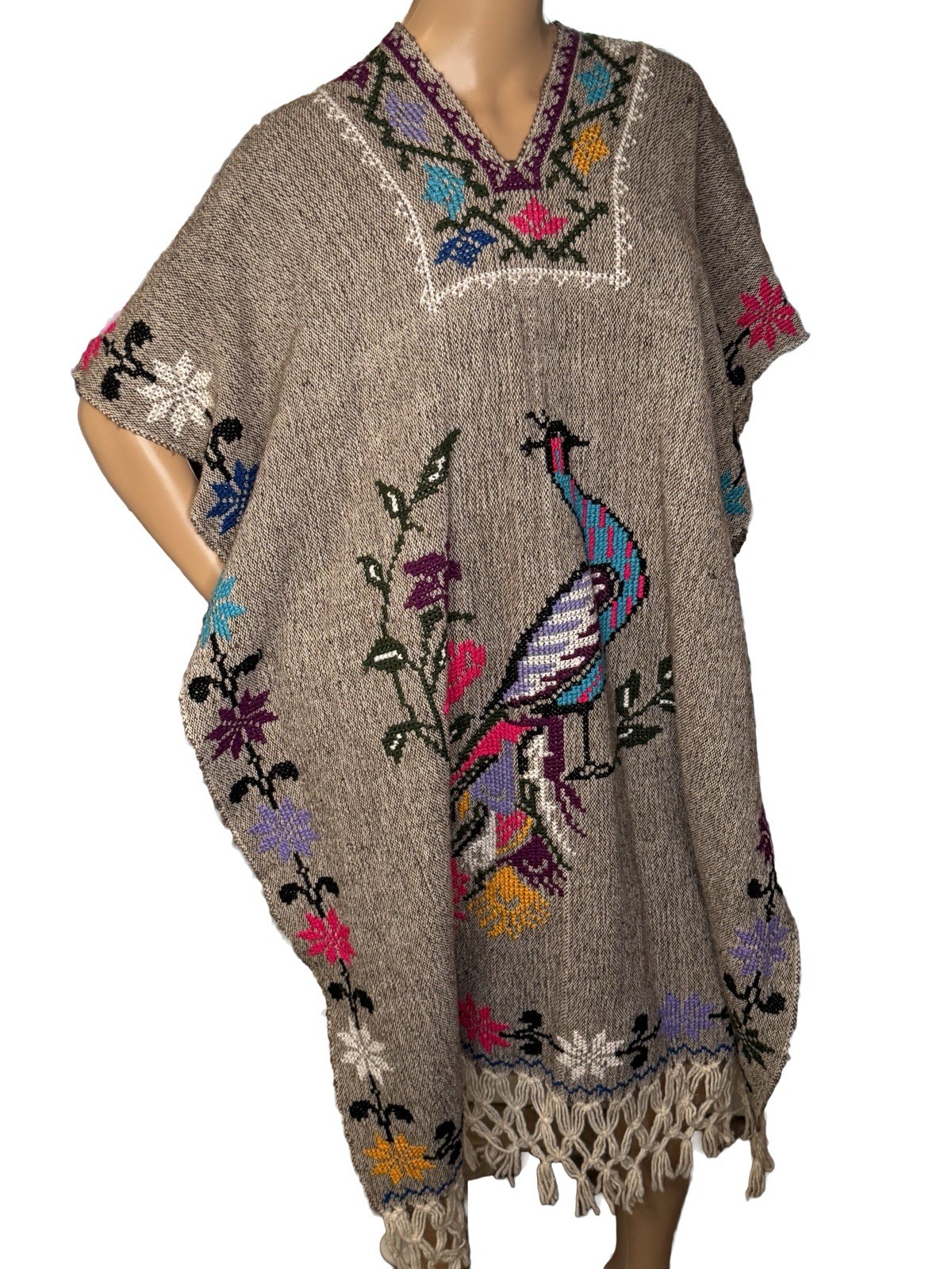 Vintage 70s Wool Hand Woven Embroidered Peacock Poncho Pullover w/ Fringe