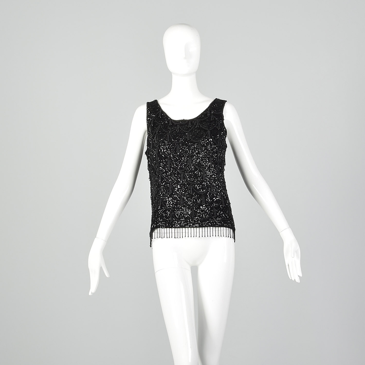Medium 1960s Sleeveless Black Beaded Blouse 60s Knit Tank Vintage Sequin Top VTG