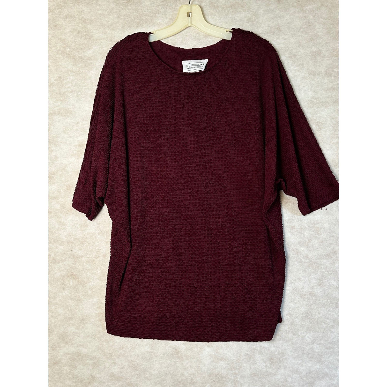 S. L. Fashions Vintage Burgundy Popcorn Texture Dolman Sleeve Tunic Top Size 14