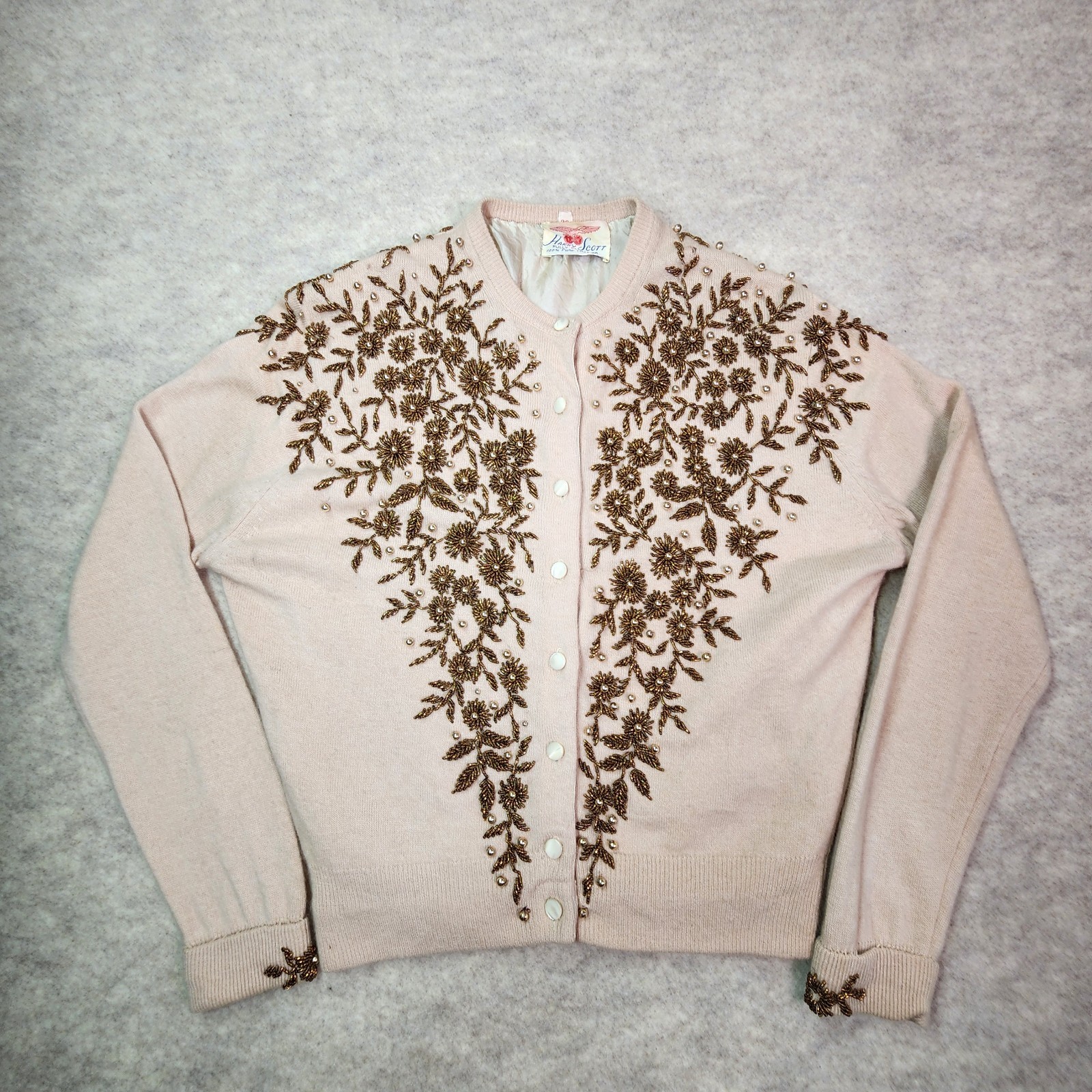 Vintage Floral Beaded Cashmere Cardigan Lined Pearlized Buttons Size 38 Gorgeous