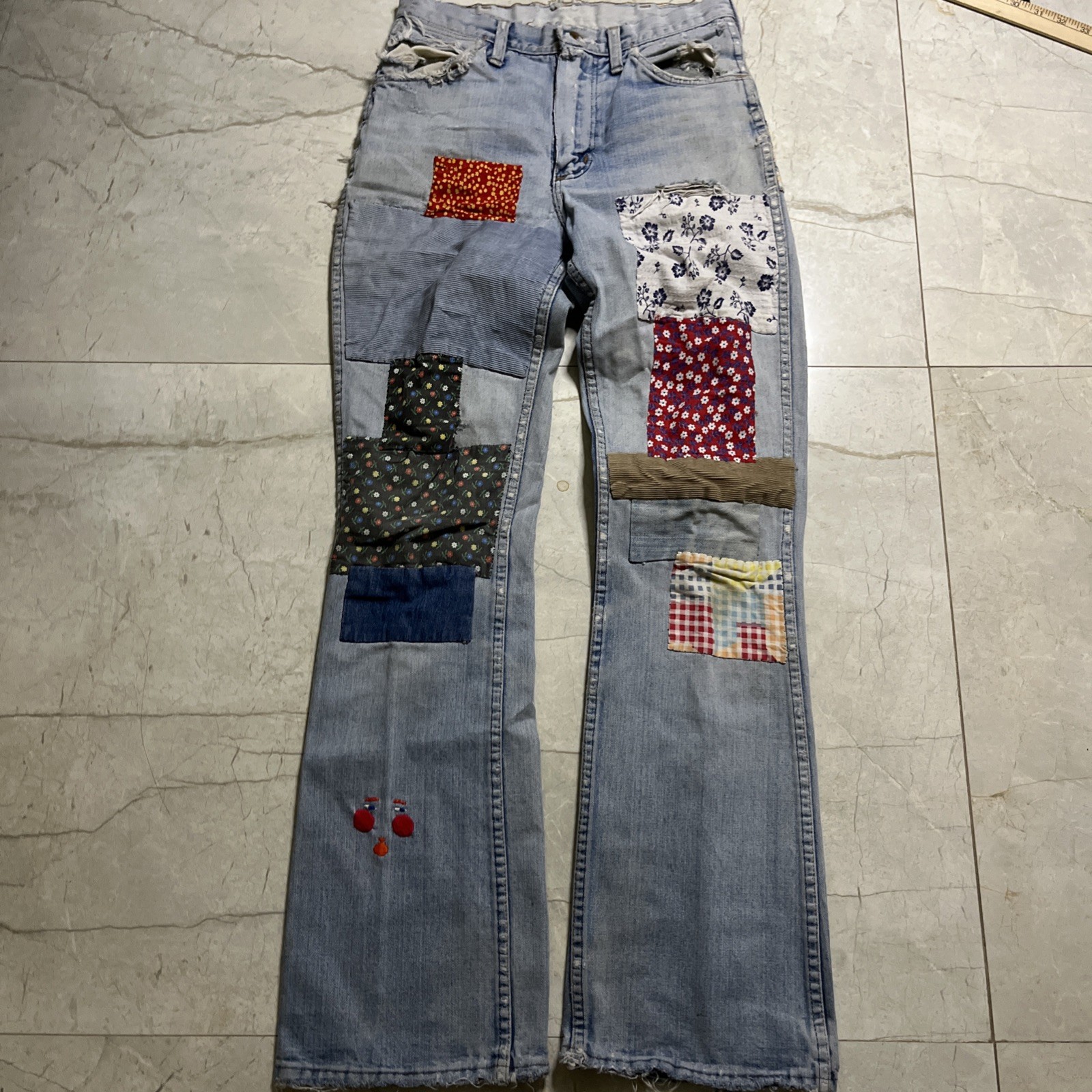 Vtg 60s 70s Wrangler Jeans Patchwork Hippie bell bottom 28/31.5