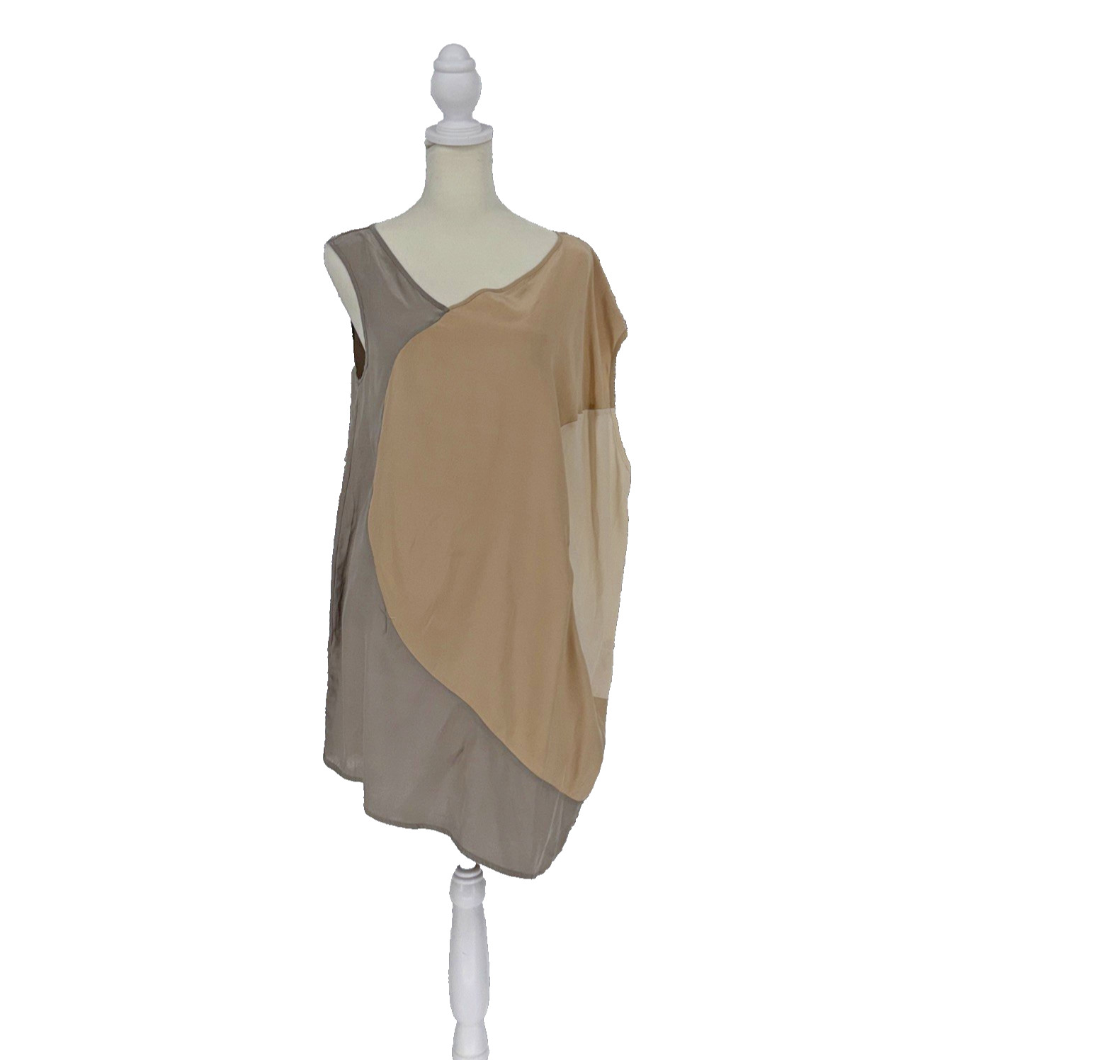 VTG Gold Hawk 100% Silk Blouse M Asymmetric Colorblock Sleeveless Top Beige USA