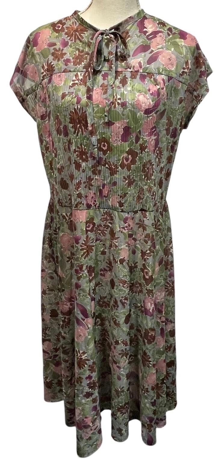 Mr. Duval Dallas 1970s Vintage Dress Lightweight Dark Floral Semi Sheer Sz L