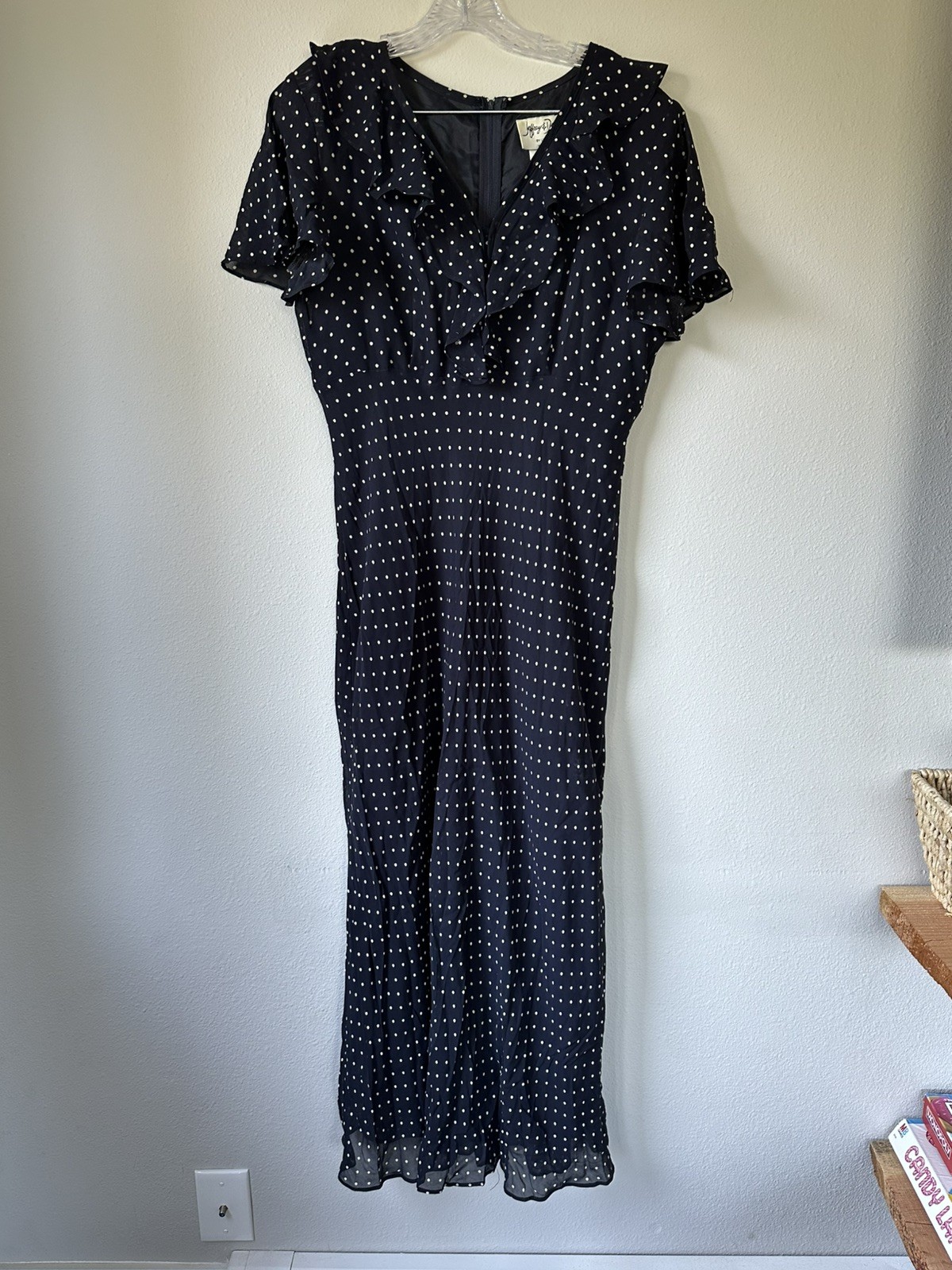 womens vintage dress Jeffrey & Dara, size 14 Polka Dot Flutter Sleeve Navy