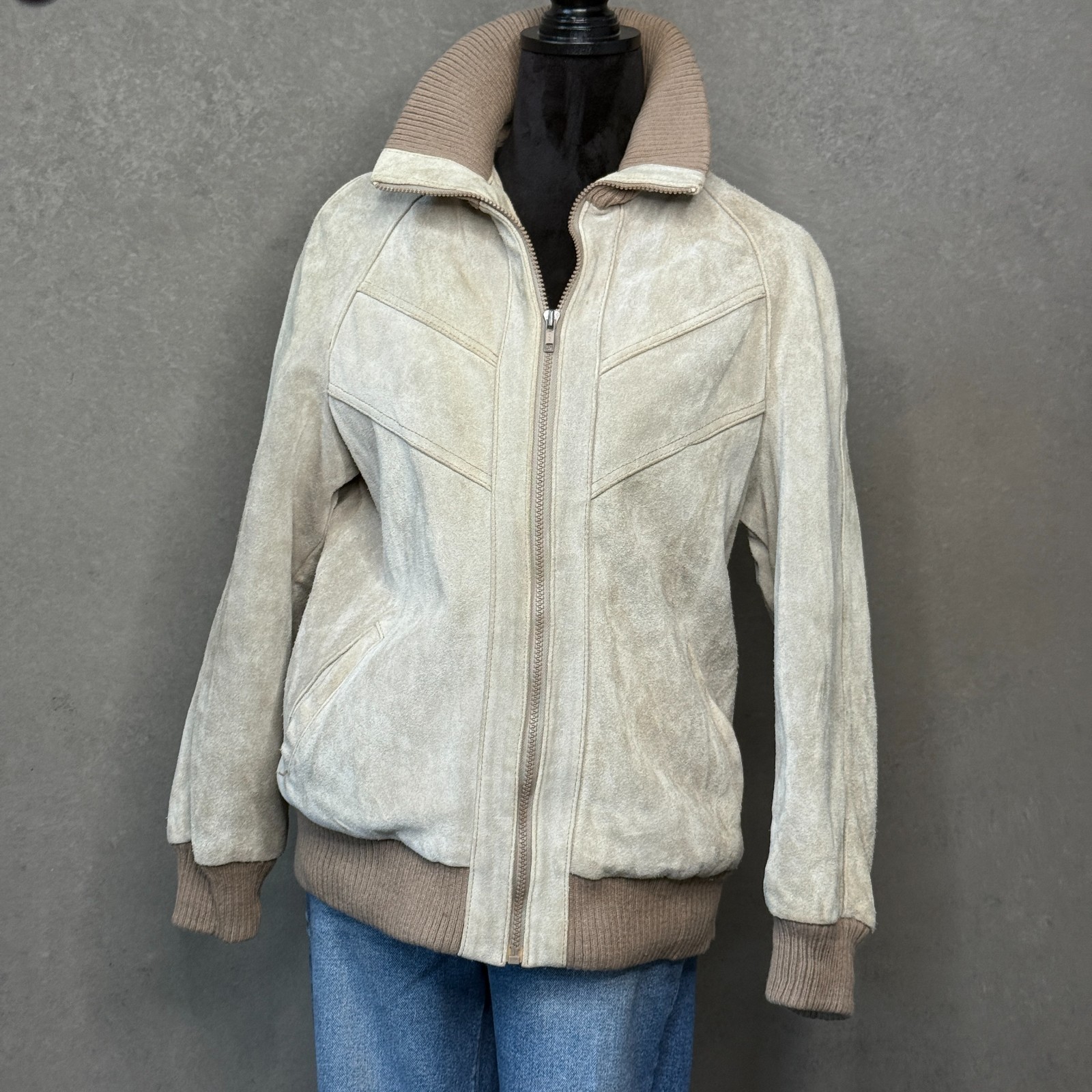 Vintage 70s 80s Cream Suede Bomber Jacket EU 42 Fur Lined Knit Trim European