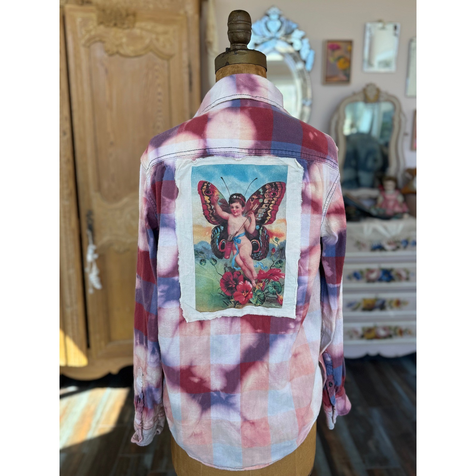 Upcycled Flannel Butterfly Cherub Patch Shirt Boho Folk Art Small