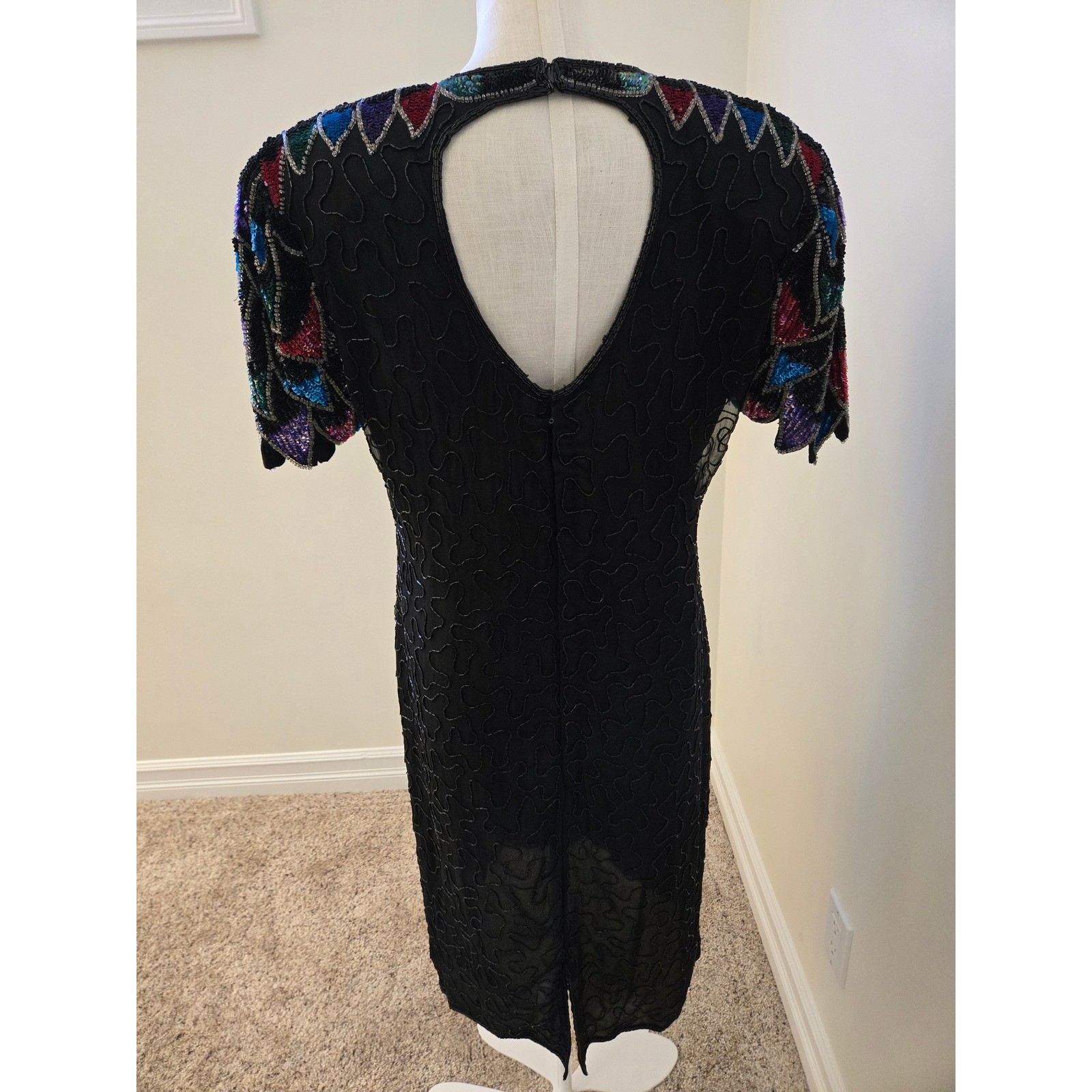 Vintage Silk Sequin Beaded Cocktail Dress Art Deco Sleeve Open Back Midi