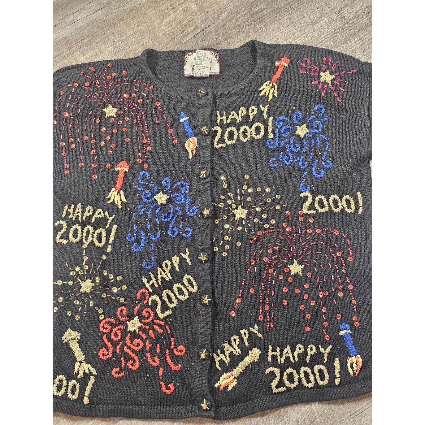 Vintage Y2K Happy 2000 Millennium Fireworks Cardigan Sweater Beaded Sequin Party