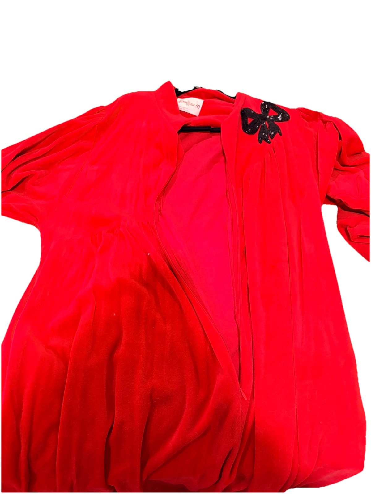 Vintage ‘80s David Brown Neiman Marcus Red Velvet Dress Black Beaded Bow Holiday