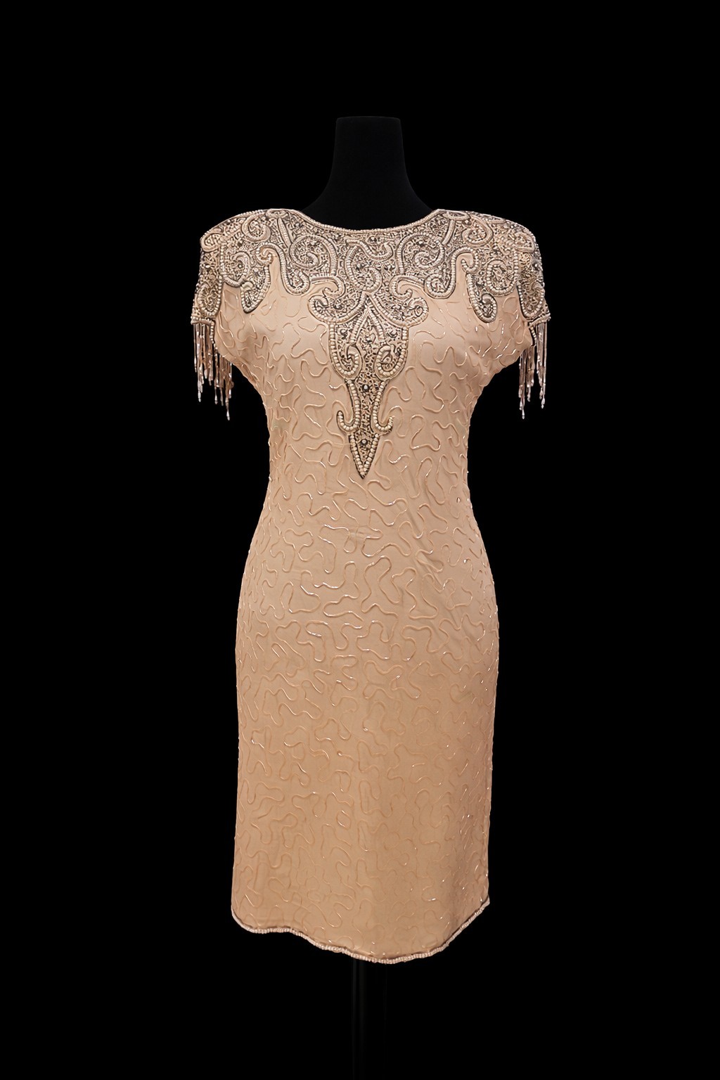 Vtg Lew Magram Dress Silk Flapper Fringe Peach Beaded Cocktail Gatsby Party M
