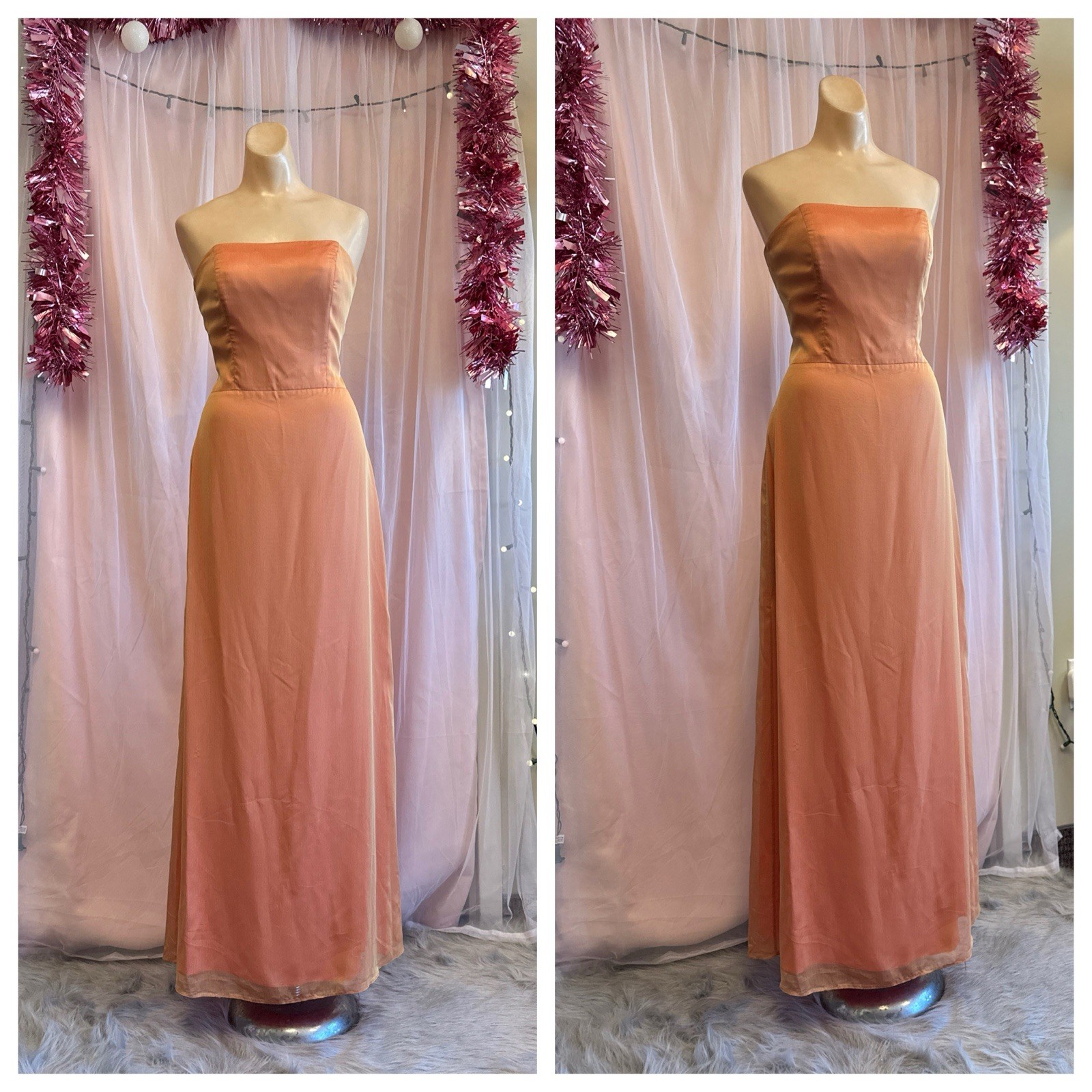Vintage Y2K 2000s Strapless Prom Formal Evening Dress Orange Iridescent S