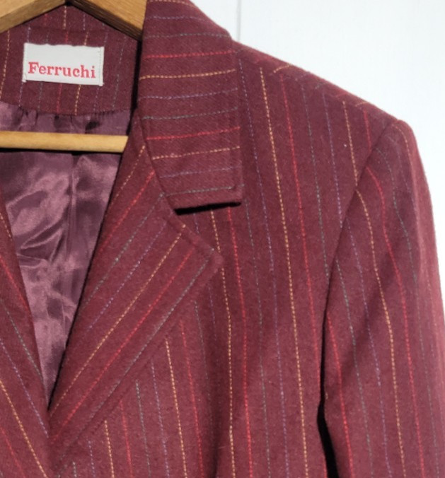 70s VTG Tailored Burgundy Pinstripe Blazer Jacket Wool Lined Pockets M Boss Lady