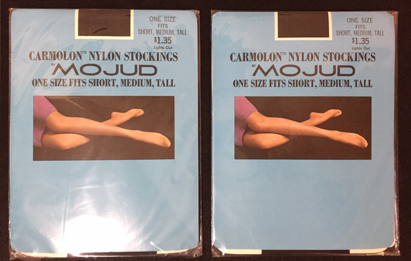 Vintage 2 Pair Fabulous MOJUD Carmolon BLACK Nylon Stockings ONE SIZE FITS ALL