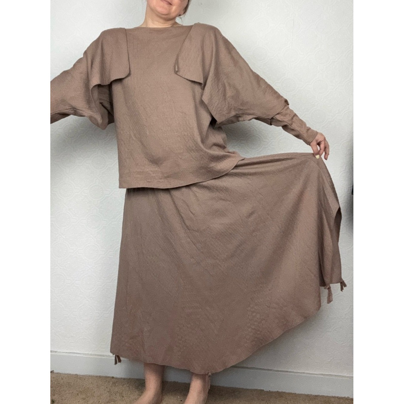 Vintage 80s Lagenlook 2 Piece Set Brown Textured Skirt Avant Garde Minimalist