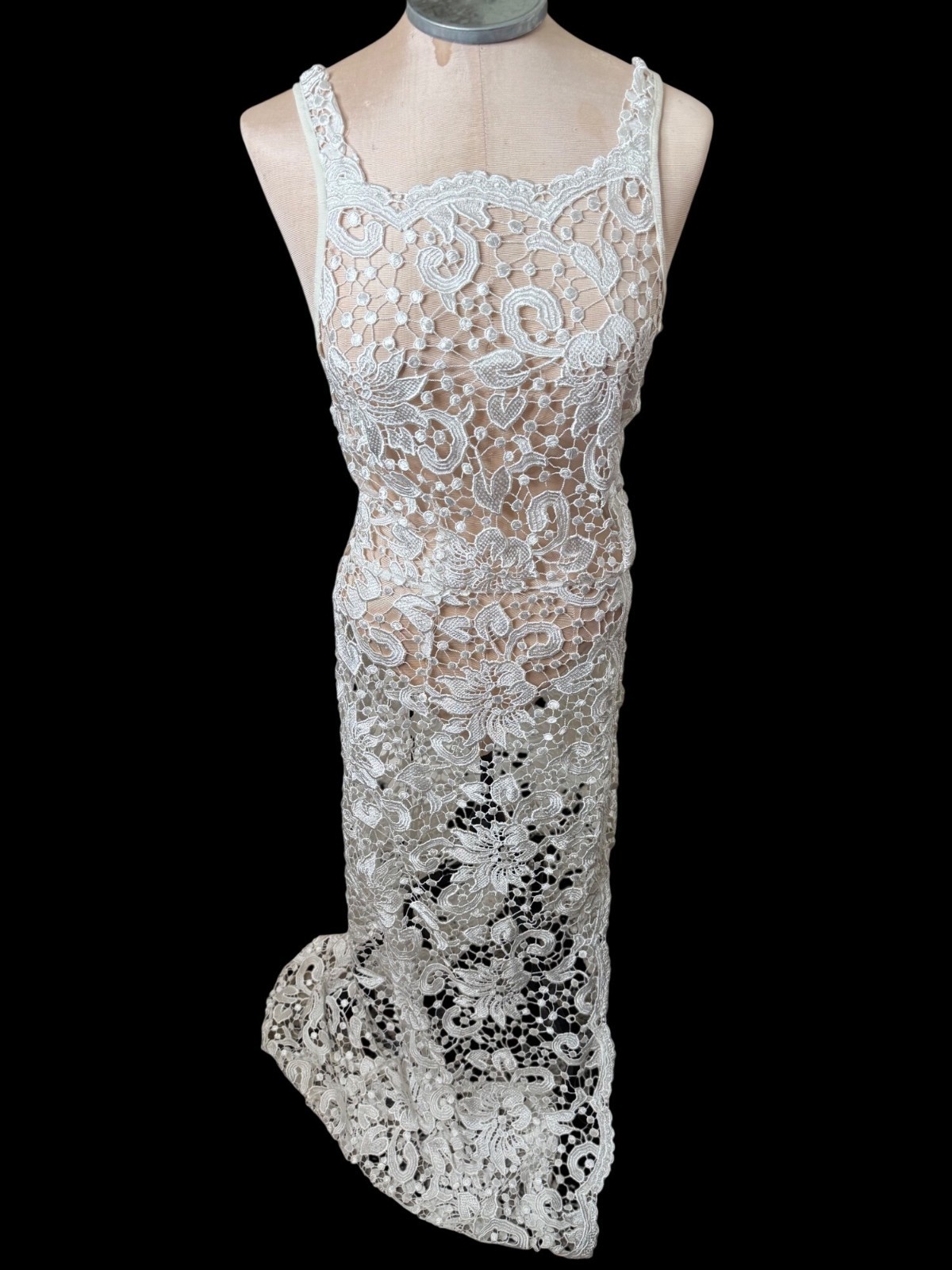Vtg Sheer Crochet White Floral Lace Maxi Dress Edwardian S Coquette bridal boho
