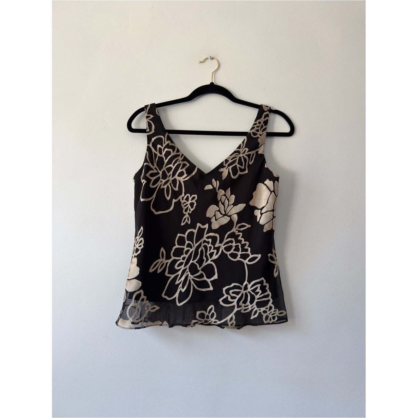 Alex Evenings Black V-Neck Camisole with Cream Floral Overlay