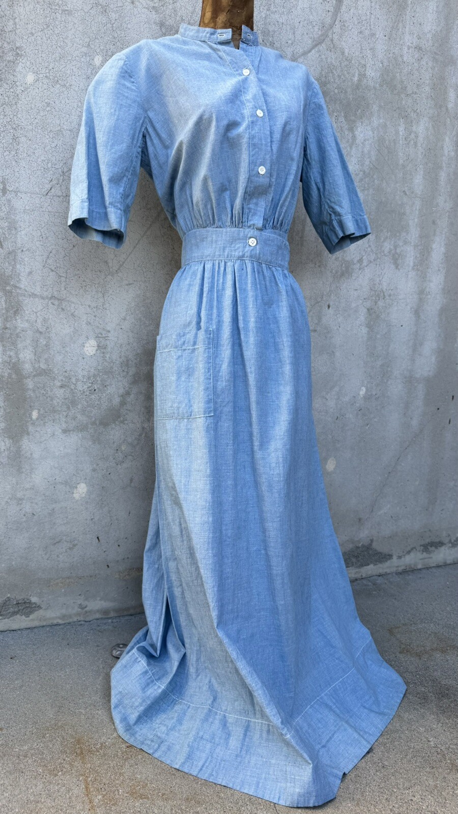 Antique Edwardian Blue Chambray Cotton Dress Workwear Prairie Maxi Vintage