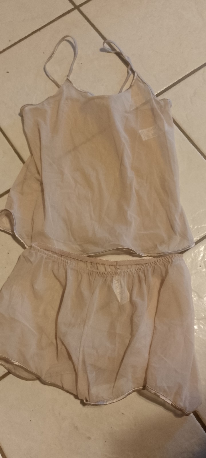 Vtg,Vassarette Nude Chiffon Cami & Shorts Set ,Sheer,Satin Trim,Small 17-167.