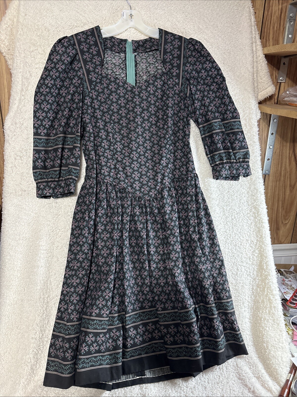 Vintage Prairie Dress Cottage Core Homespun Maxi Dress M/L Calico Black Floral