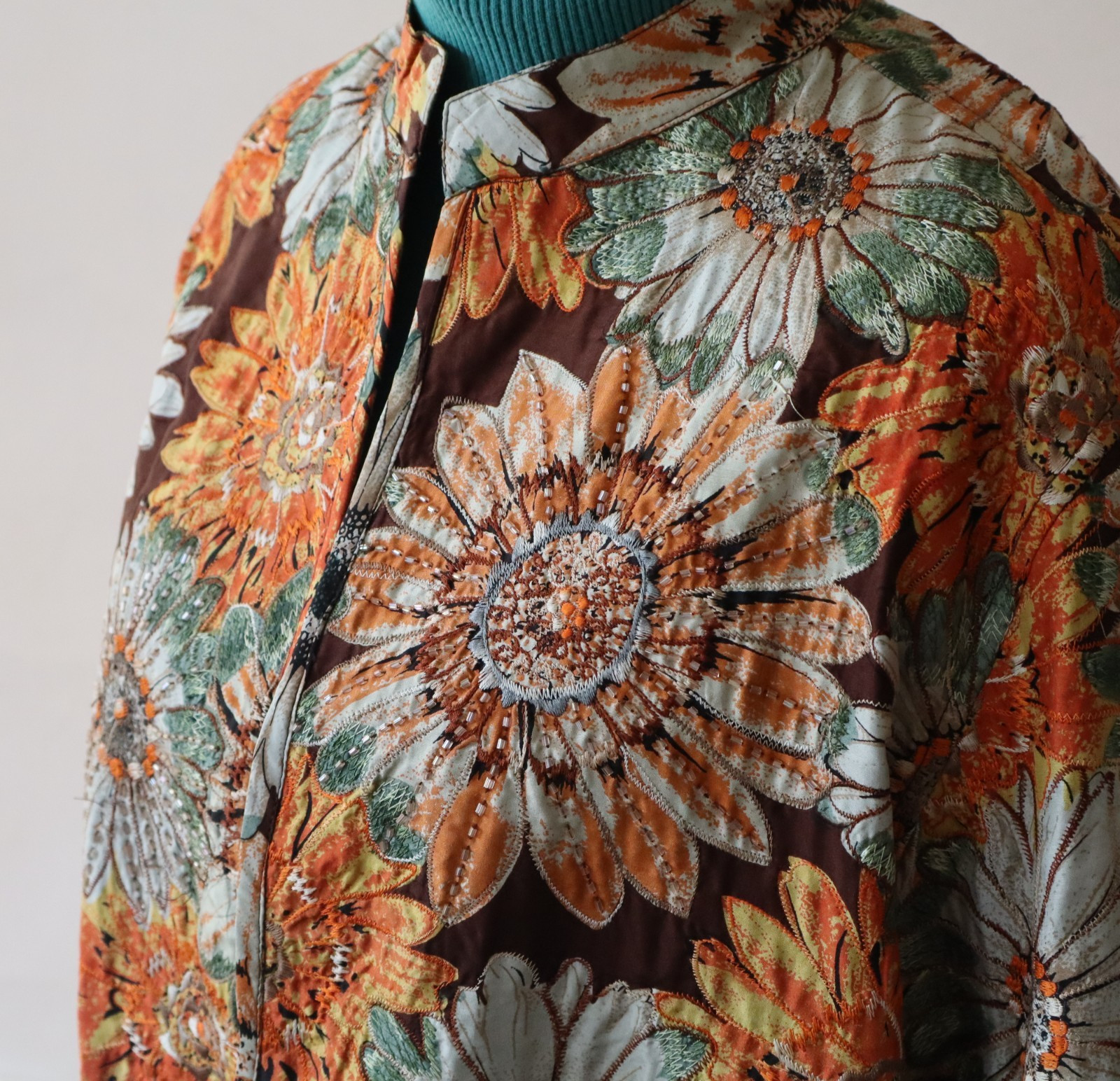 Vintage Embroidered Anu Jacket 100% Pure Silk, Orange, Gray, Brown Floral Sz Med