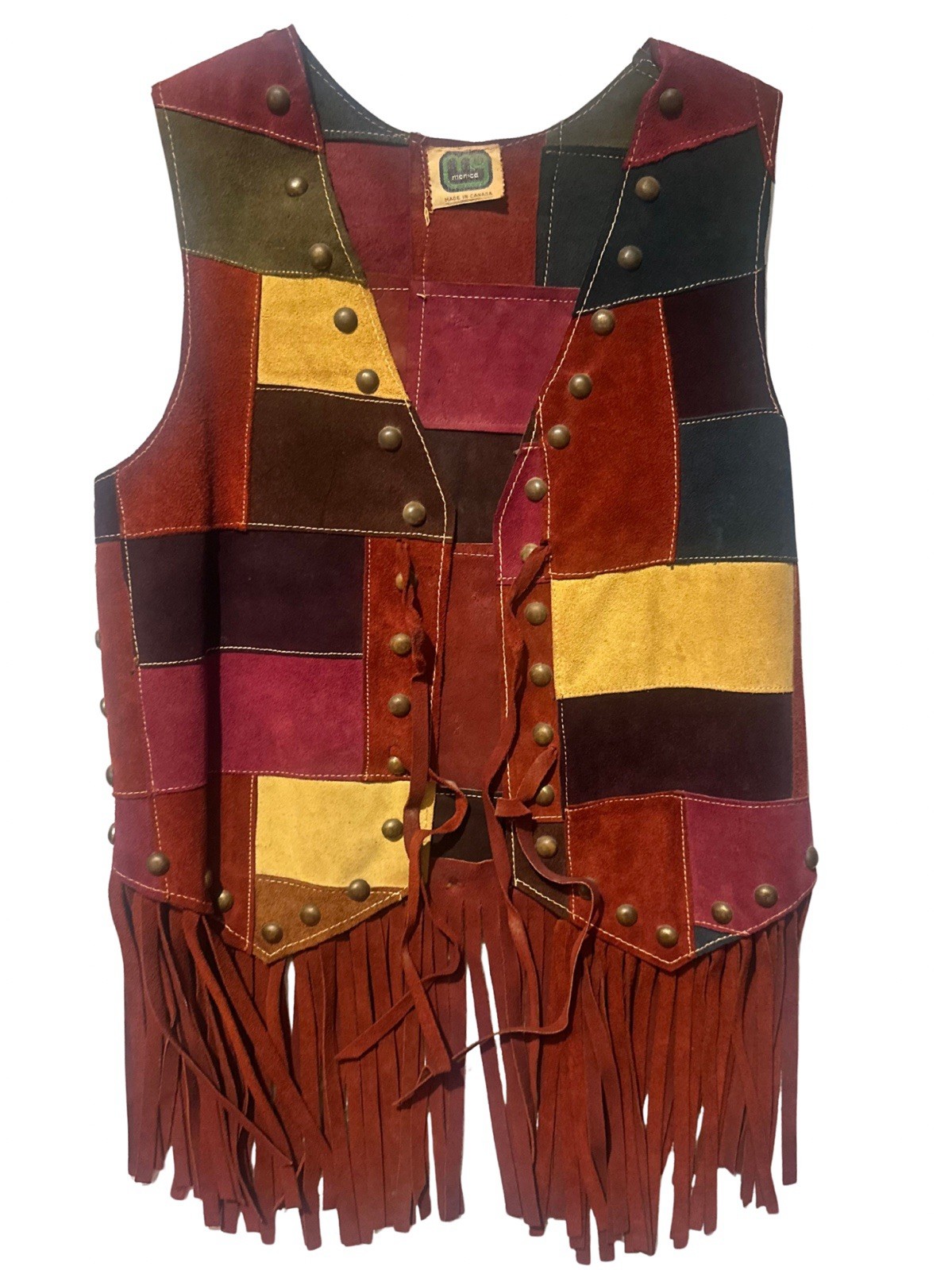 VINTAGE 1968 MONICA CANADA Suede Patchwork Fringe Vest Woodstock Hippie Rocker S