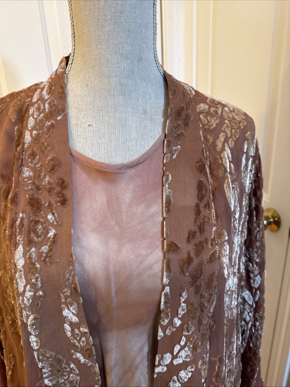 HANDPAINTED SILK GOWN Bright Side Mauve Pink Cut Velvet Jacket & Silk Dress Sz M