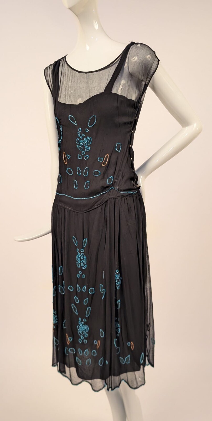 FLAPPER 1920’S SHEER SILK CHIFFON DRESS W BLUE GLASS BEADING