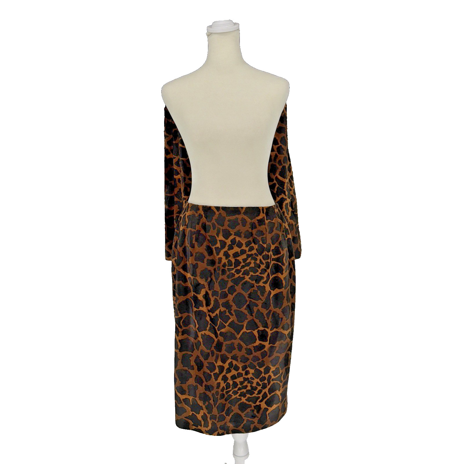 VTG Leopard Print Matching Set Long Trench Jacket & Midi Skirt Suit 2PC